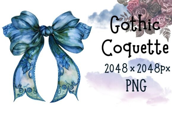 Elevate Your Designs with Blue Gothic Coquette Bow Watercolor Art