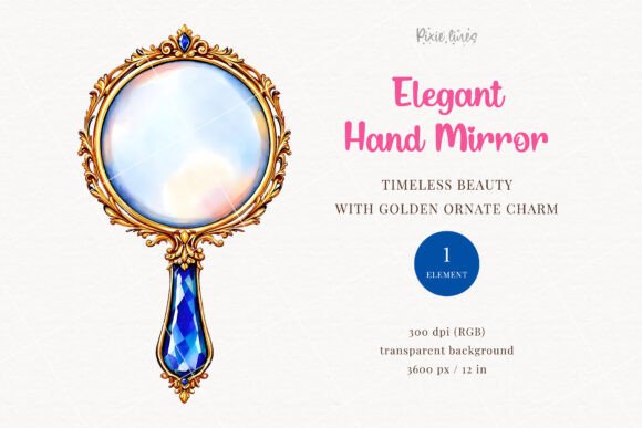 Vintage Gold Hand Mirror with Blue Gem Clipart